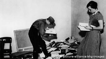 Nazi SA officers rummages through confiscated books ahead of the burning on May 10, 1933.